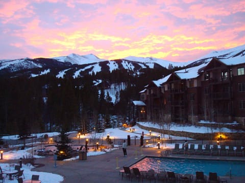 Back of the resort with pool and hot tubs.  