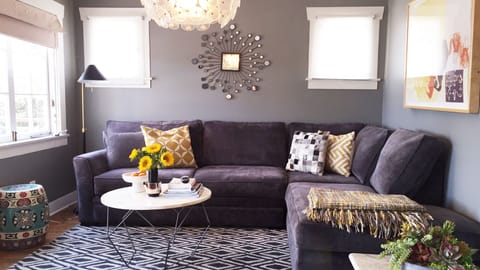 Sectional sofa pulls out to a full-sized foam bed.