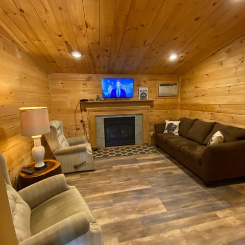 Living room with gas fireplace and cable tv