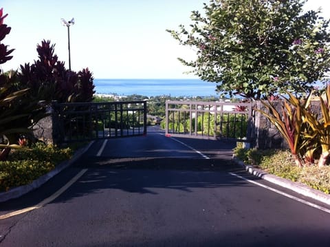 Kahakai Estates entry gate for your special stay Notice the beautiful ocean view