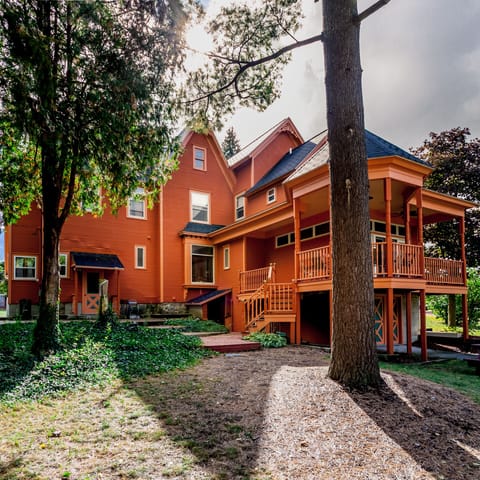 The view of the back of the house from the river. 