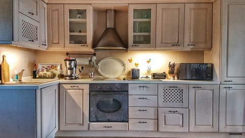 A fully equipped kitchen with oven, fridge, micro, dishwasher 