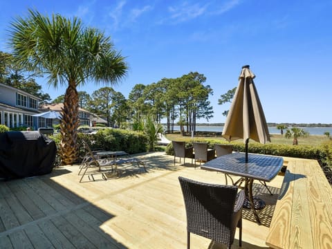 Outdoor Dining on Back Deck with Water Views at 17 Lands End