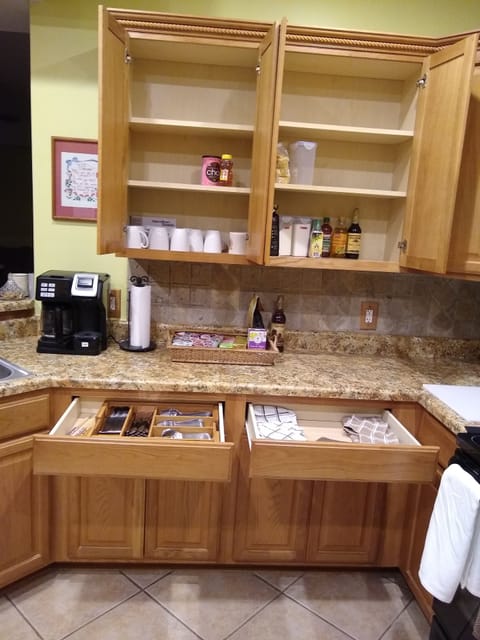 Coffee supplies, Sugar & Flour; FlexBrew, Welcome basket; flatware & towels.