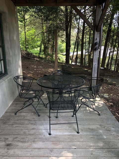 Serene outdoor eating area.
