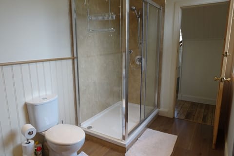 School Room bathroom with separate walk in shower.