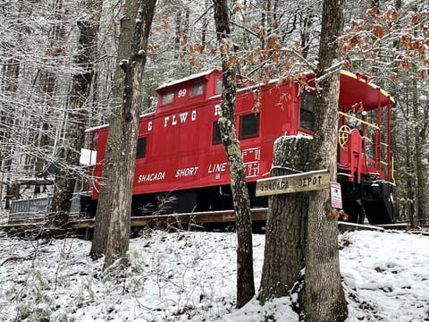 Red caboose in the snow!