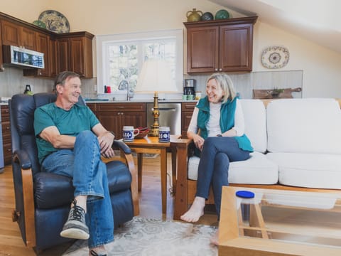 Coffee in the morning to discuss the day's plan for a Waldport vacation.