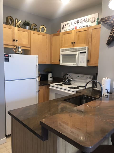 Kitchen with granite counters, full size fridge, stove, microwave & dishwasher 