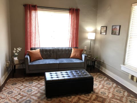 Spacious living room has a  sleep sofa or use the queen air mattress.