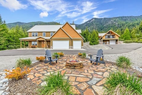 Front Exterior – Curb Appeal + Stone Detail for a Grand Welcome + Gas Firepit