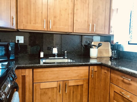 new counters and cabinets in equipped kitchen