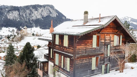 the chalet surrounded by the snow covered town