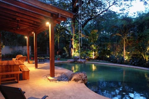 Inviting pool surrounded by lush tropical gardens, featuring Tarzan ropes for playful fun — a perfect spot for families and friends to relax and enjoy nature in the heart of town.