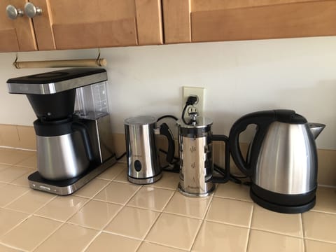 Coffee machine, milk frother, french press and electric kettle