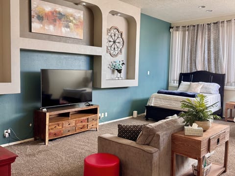 Living room couch has a pullout bed available