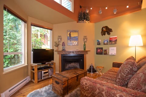 Cozy open living room with high ceilings, wood burning fireplace and TV