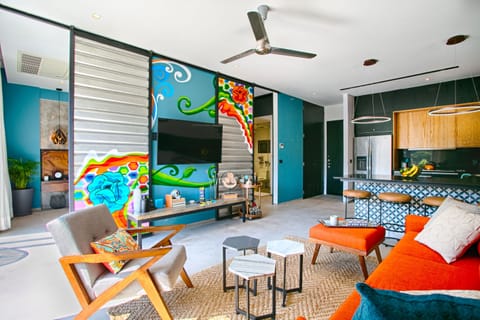 Living area with convertible doors open