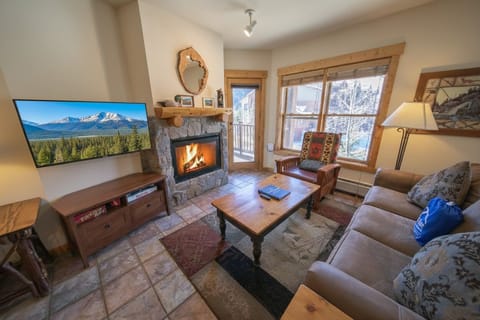 Cozy living room with fireplace and television