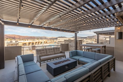 Outdoor Fire Pit & View From Patio - Stay warm next to the fire pit and relax while watching the sunset over the red mountains of Snow Canyon