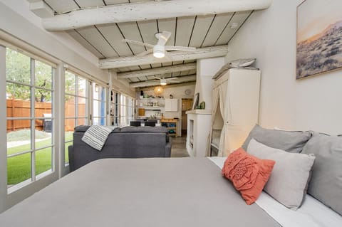 Comfy Queen size bed at the end of the unit