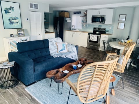 1st floor living room with full sofa bed and full kitchen. 