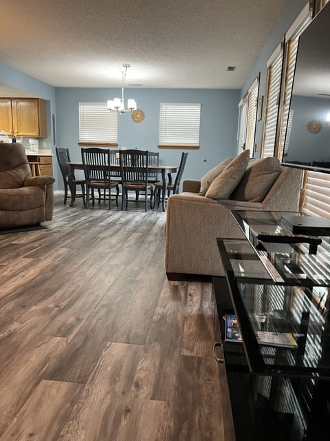 View of living room with dining area.