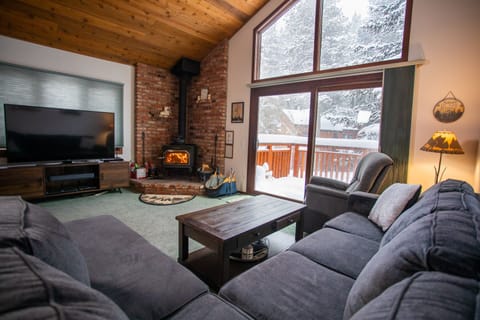Living Area with Large Windows, Forested Views, Smart TV & Woodburning Fireplace with free wood!