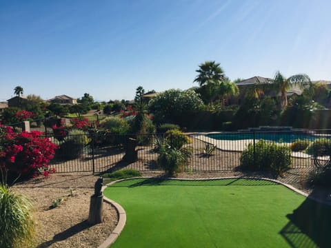 Large private backyard with beautiful pool and easy access to nearby green belt 