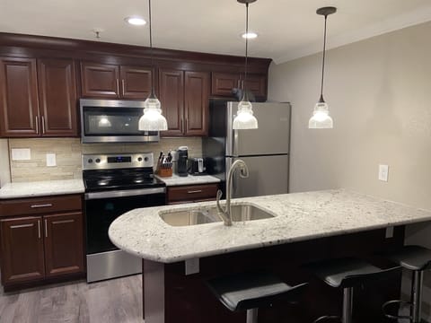 Our full kitchen is well stocked with all you need for cooking in. 