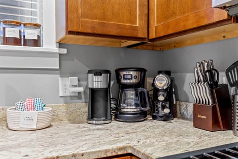 Enjoy the drip coffee, espresso machine, kettle and tea options provided for you