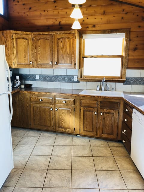 Kitchen includes dishwasher, fridge, gas oven, coffee maker and electric kettle.