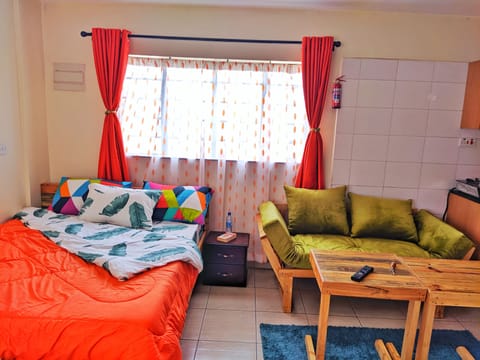 The studio apartment has been furnished to feel spacious while still functional.