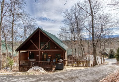 Front of cabin and down the driveway