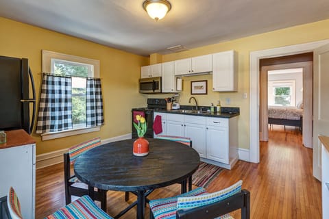 Cabinets have china, glasses, flatware, pots and pans, cookie sheets, pizza pan.