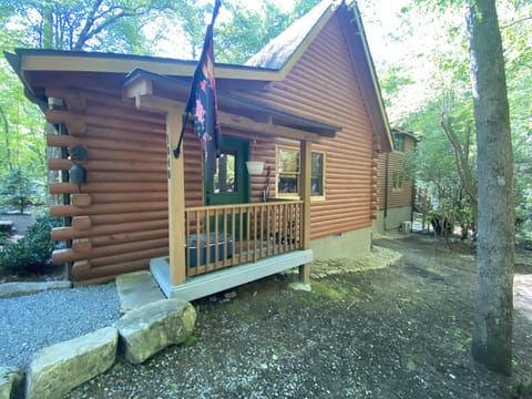 Right side front view of cabin with front entrance porch