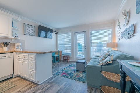 A bright and airy beach condo with large windows offering a stunning ocean view.