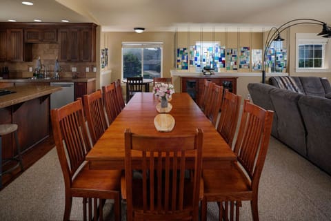 Comfortable dining for eight, with lots more seating nearby.