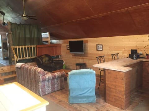 Living room with comfy pull out couch, recliner and DishTv.