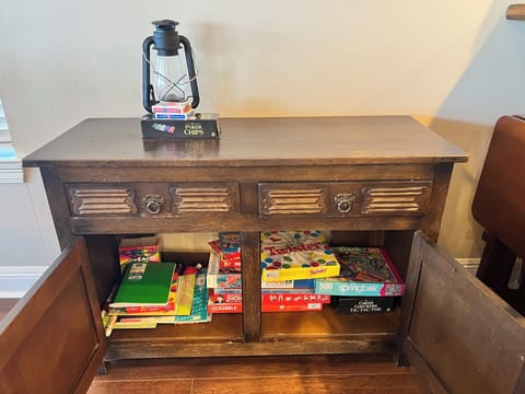 Games, cards, poker chips, colors, sketch pads. 