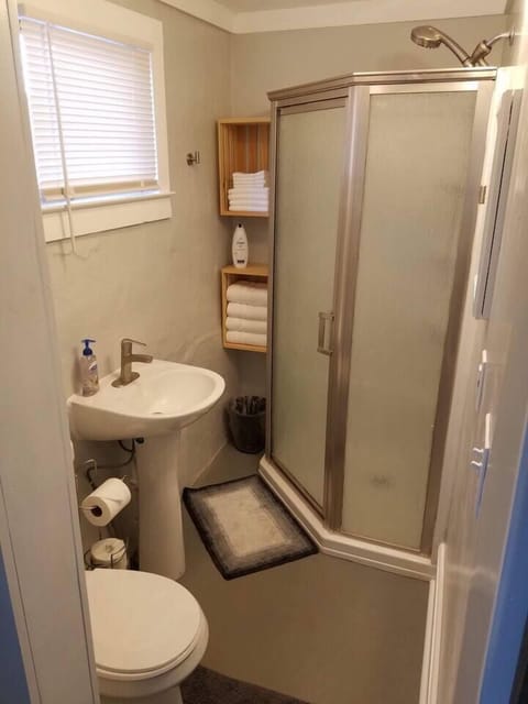 Bathroom with standing shower and pedastal sink