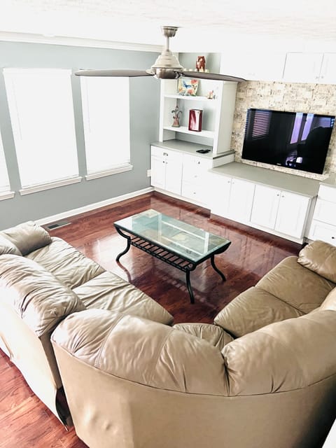 Great room with adjacent kitchen