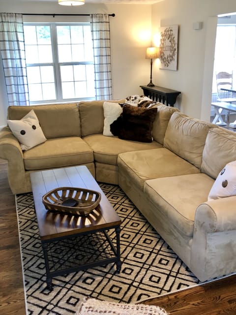 Plush sectional sofa for watching a movie.