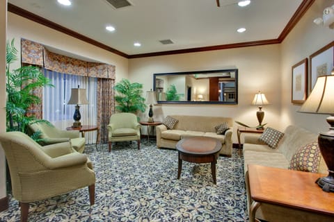 Cozy lounge area with comfortable seating and decorative plants.