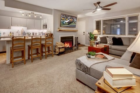 Living Room with fireplace, HDTV, pullout sofa, kitchen with bar seating
