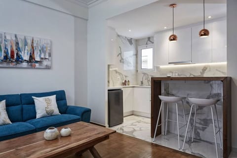 The cozy living room and dining space