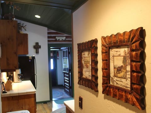 view from cabin hallway into kitchen