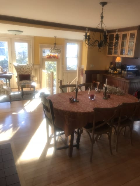 Dining Room with back alcove and backyard view.