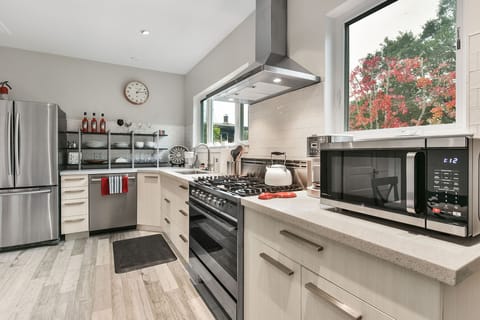 New microwave, coffee maker, tea kettle and dishes