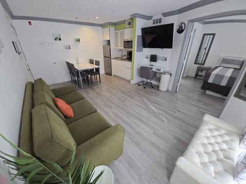 Cozy sofa bed and a new smart TV with all your favorite streaming apps.